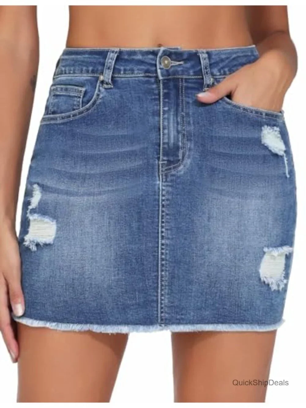Women's Ripped Denim Mini Skirt High Rise Stretch Bodycon Raw Hem